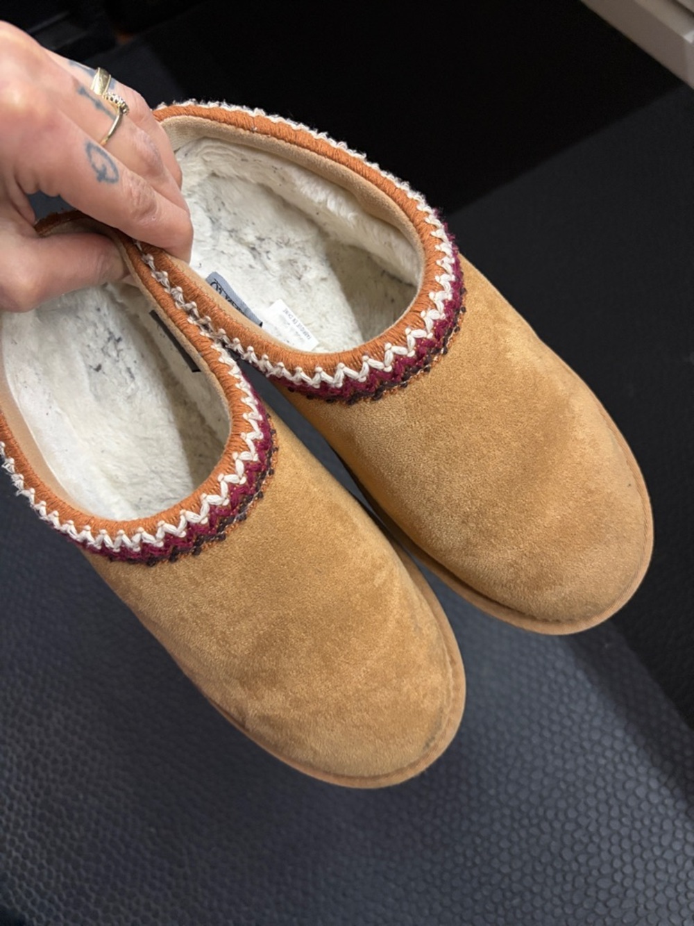 Cozy Suede Slip-On Slippers in Camel with Burgundy Trim